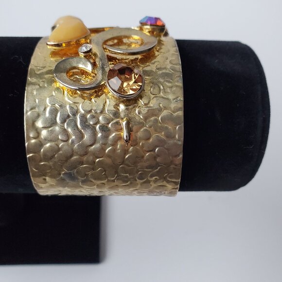 VTG Rustic Gold Cuff Bracelet Hammered Style Crystal Stones & Metal Applique 7" - Picture 4 of 8